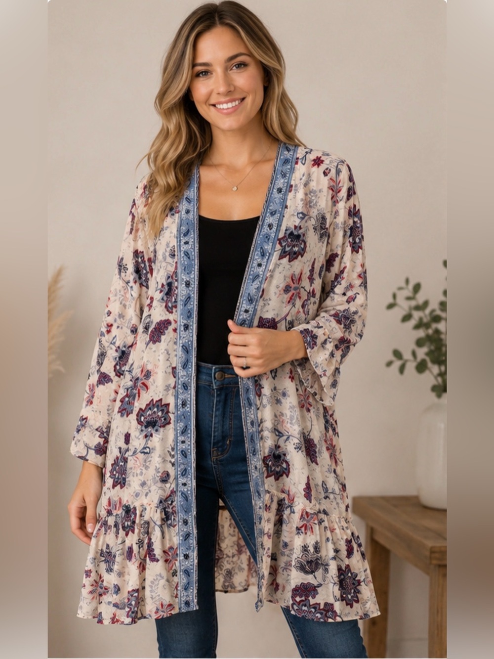 Maurices XL Floral Boho Kimono Cardigan Duster Ruffle Hem Open Front